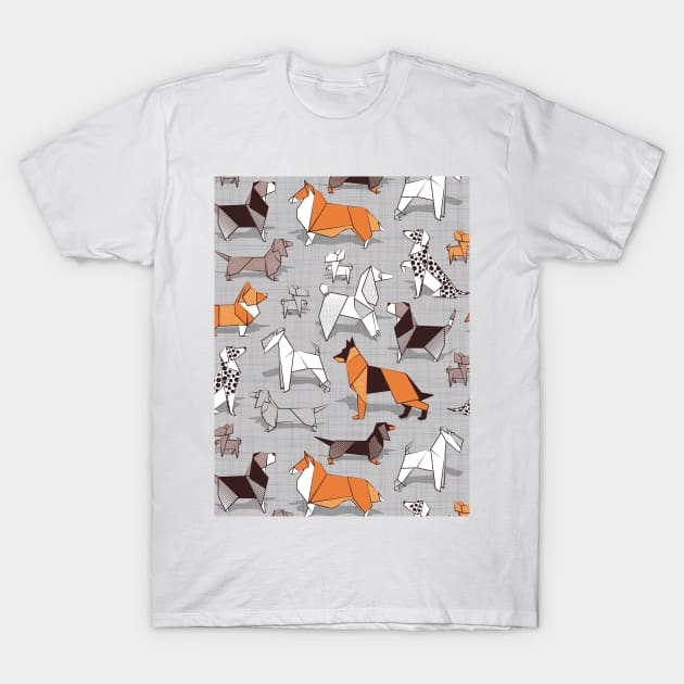 Origami doggie friends // pattern // grey linen texture background T-Shirt by SelmaCardoso